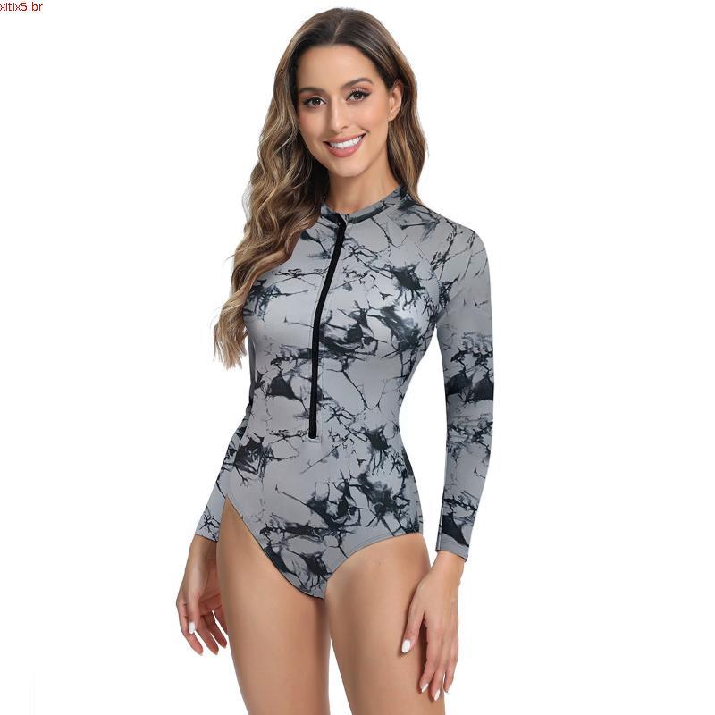 Uma Peça com Zíper Roupa De Praia Manga Comprida Maio Natação Proteção Solar Maio Plus Size Feminino Moda Praia Surf