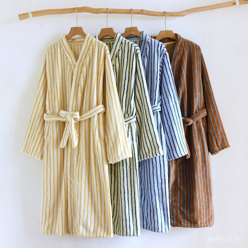 Robe e Calças de Dormir Feminina de Lã Coral Inverno Espessada Quente Simples Listrada Solta