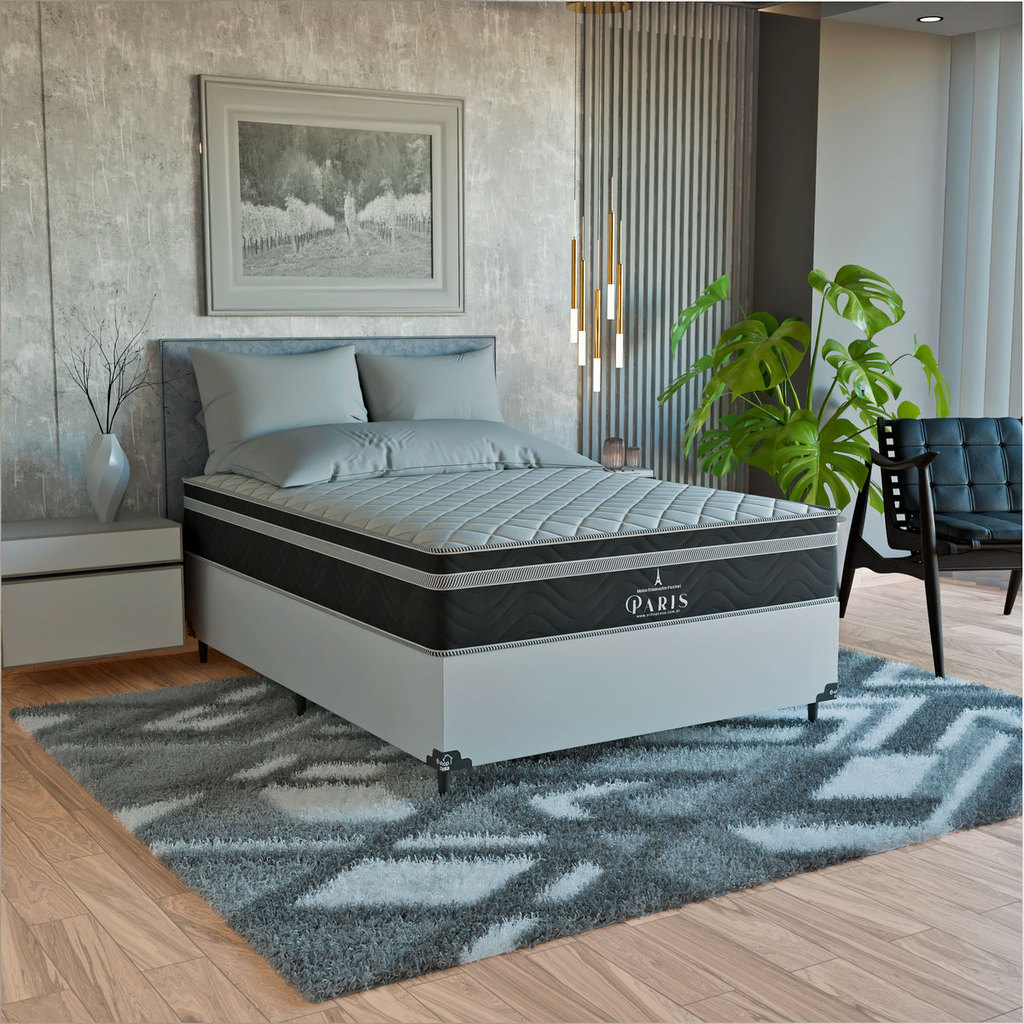 Cama Box Casal Branco + Colchão Paris Molas Ensacadas Preto