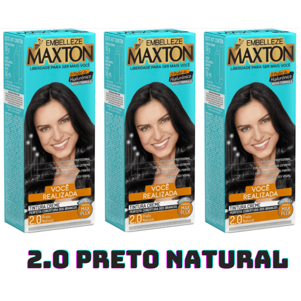 KIT C/ 2 ou 3 TINTURA EM CREME MAXTON EMBELLEZE  2.0 PRETO NATURAL - Cobertura de cabelos brancos