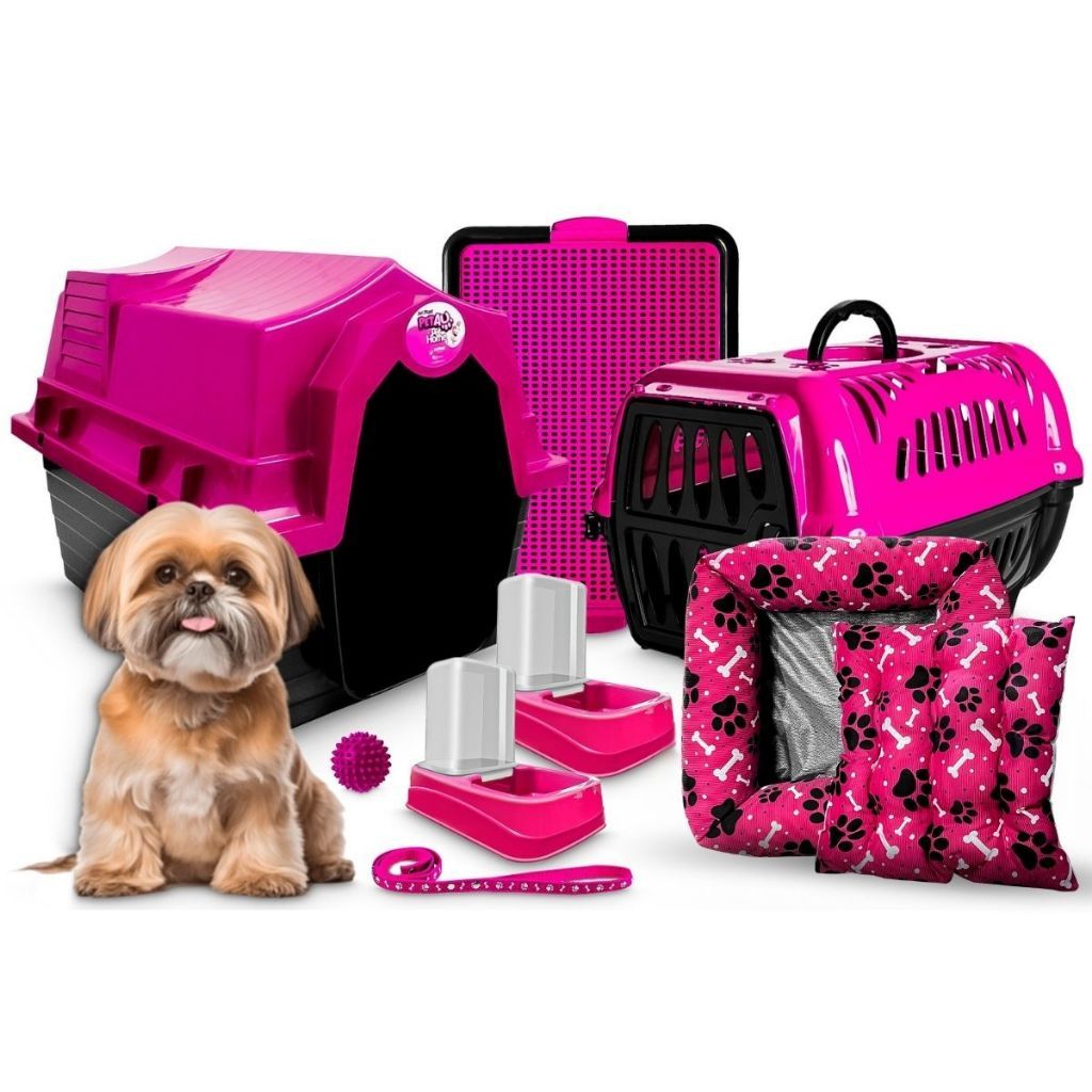 Kit Completo Cachorro Porte Pequeno Coleira Cama Tapete Sanitário Comedouro Bebedouro Bola