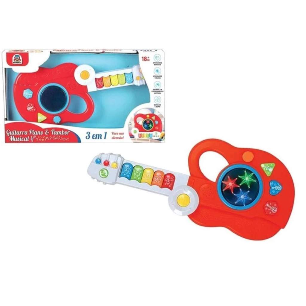 Brinquedo Instrumento Guitarra Piano e Tambor Musical Braskit - 6307 em Oferta na Shopee