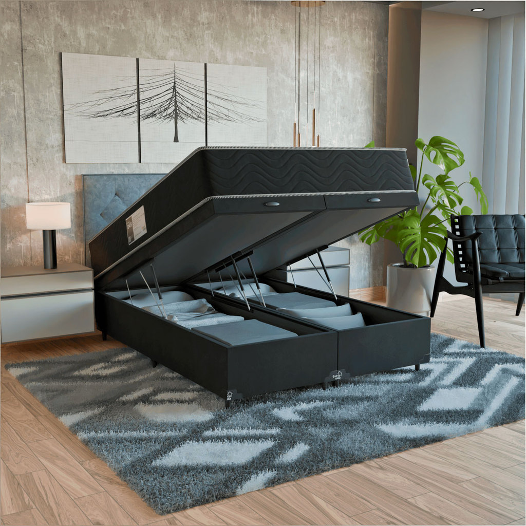 Cama Box Baú Casal Bipartido + Colchão Espuma D45 Suede Preto
