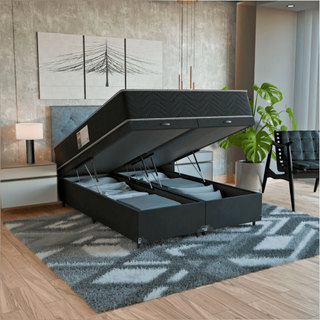Cama Box Baú Casal Bipartido + Colchão Espuma D45 Suede Preto