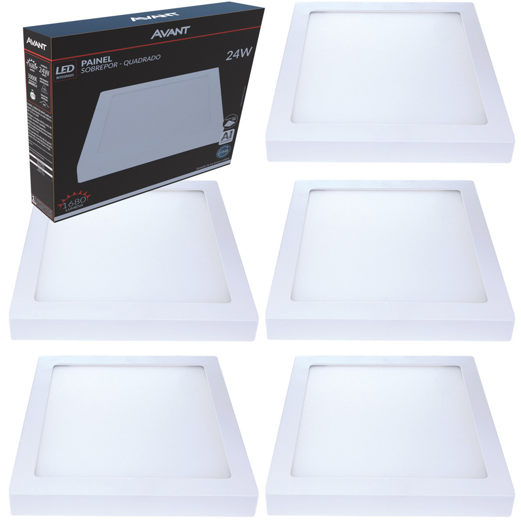 Kit 5 Painel Plafon 24W Quadrado Sobrepor Luz Branco Frio 6500K Bivolt 127v 220v Led