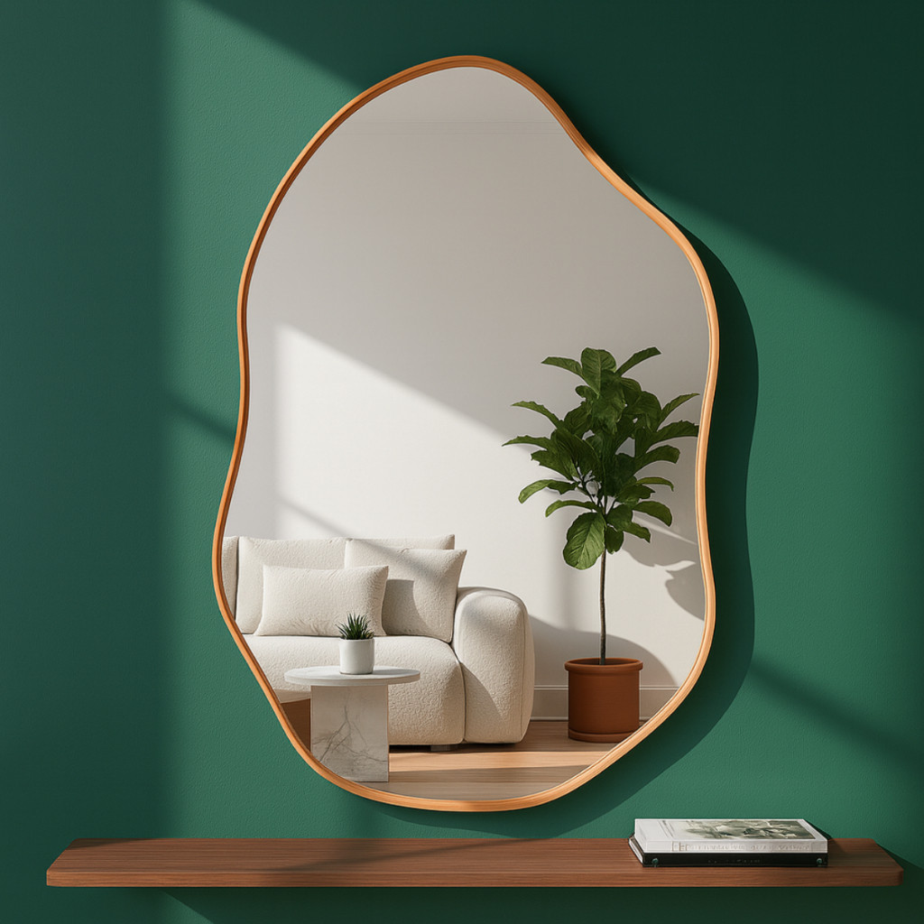 Espelho Orgânico 60x40 Couro Caramelo + Suporte Metálico decoração Sala Penteadeira Quarto Banheiro em Oferta na Shopee