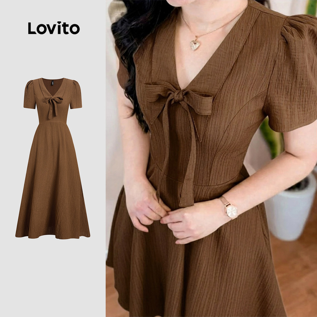 Lovito Vestido Casual Marrom De Jacquard Diário Férias Escolares Encontros Viagens Primavera/verão Mulheres LK2ED080