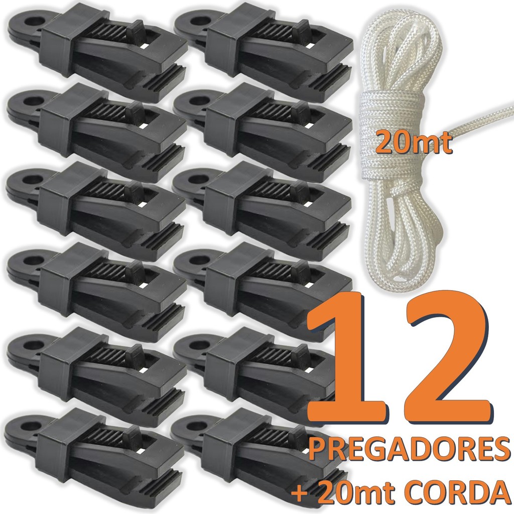 Kit 12 Clipes Prendedor de Lona Toldo Barraca p/ Fixação Rápida Tipo Garra Jacaré + 20mt de Cordinha