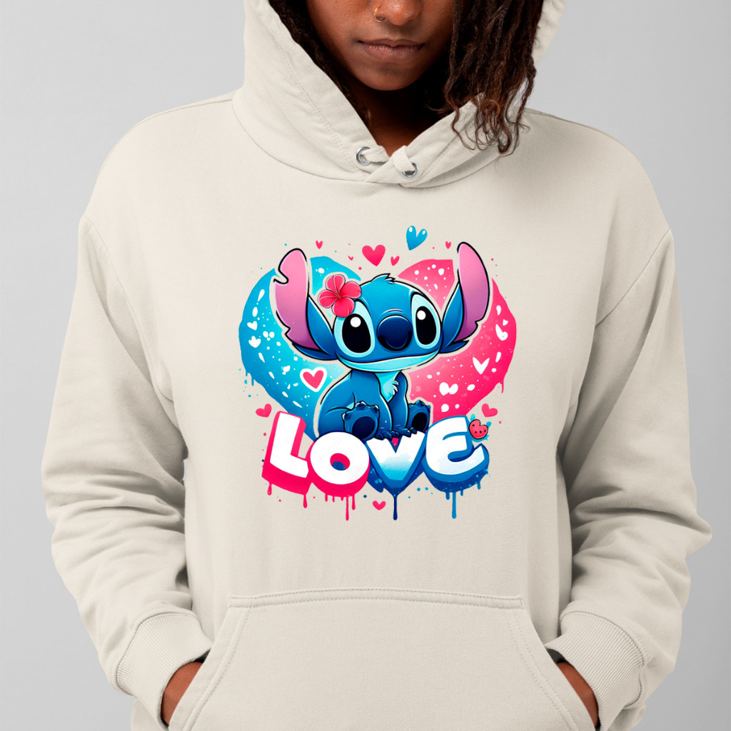 Blusa Moletom Canguru Lilo Stitch Escrita "Love" Coração Super Fofo 100% Algodão Premium Cores Top