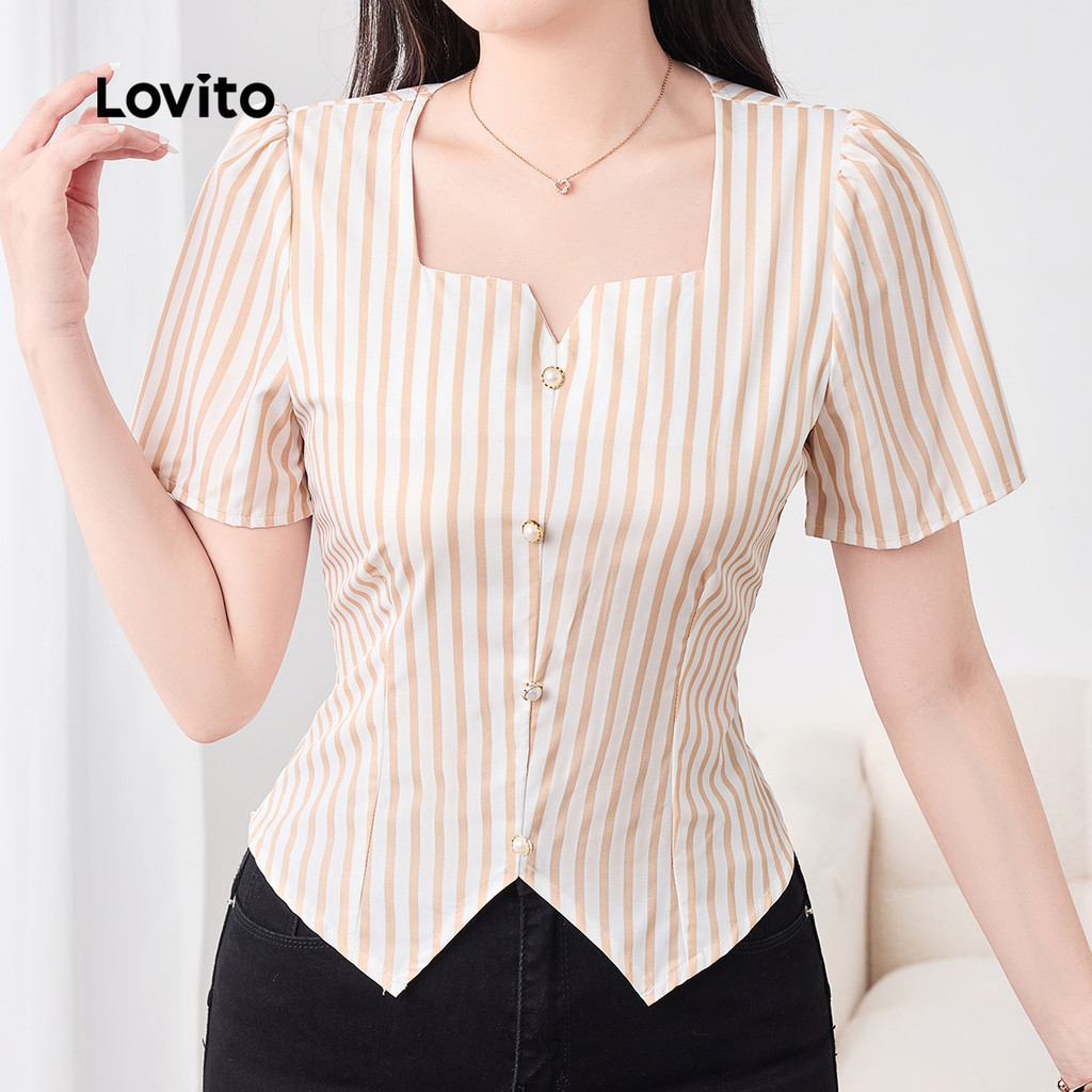 Lovito Blusa Elegante com Botões de Pérola Primavera/verão Blusa Caqui para Mulheres L158ED1081 em Oferta na Shopee