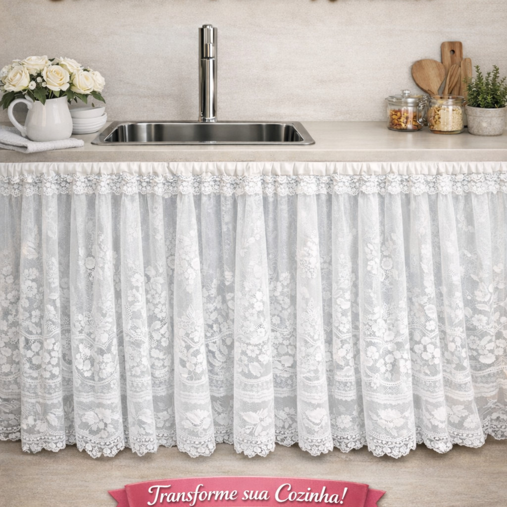 Cortina de Renda para Pía de Cozinha Branca 1,30 x 70 em Oferta na Shopee