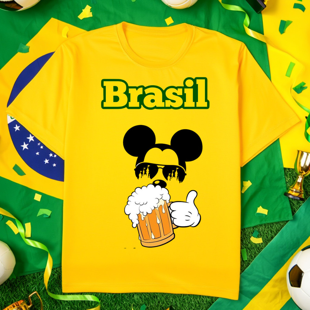 Camiseta Do Brasil Mickey Torcedor Fanatico  Feminina Masculina Regular, Copa Seleçao Futebol Jogos