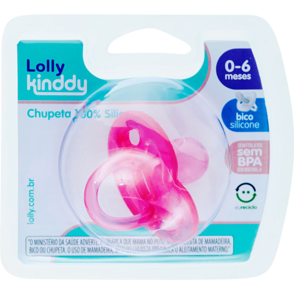 Chupeta Lolly Kinddy Silicone 0-6 Meses Rosa 1 Unidade