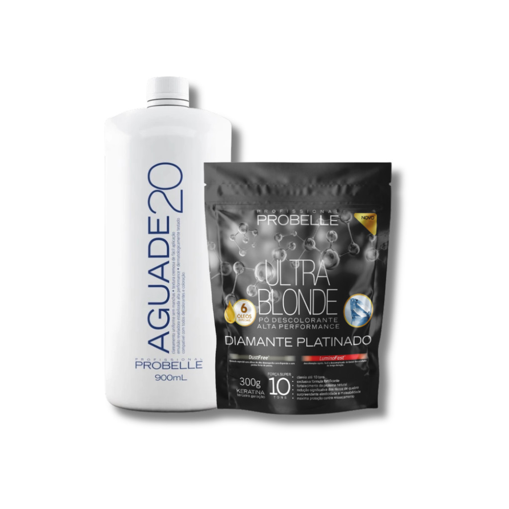kit Pó Descolorante Platinado  Ultra Blond 300g + Água oxigenada Cremosa 20 vol 900ml probelle em Oferta na Shopee