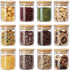 6 Potes de Vidro Hermético com Tampa de Bambu 250ml para Temperos e Alimentos