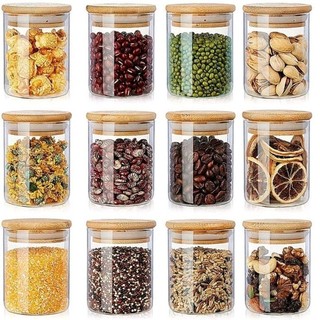 6 Potes de Vidro Hermético com Tampa de Bambu 250ml para Temperos e Alimentos
