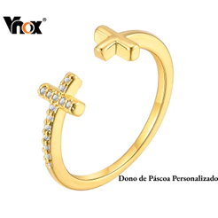 Anel Ajustável Católico Vnox Zircon Cross Jesus Para Mulheres , Ouro 18K Faith Páscoa 2026 Joia Presente