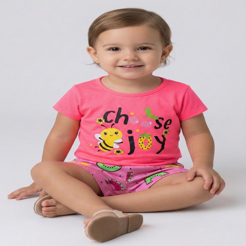 Conjunto Infantil Feminino PIPA Verão Rosa – Blusa Choose Joy + Shorts Estampado | Confortável e Fresquinho