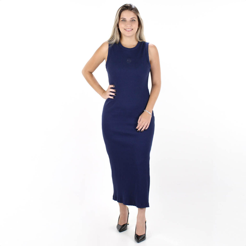 Vestido Colcci Regata Canelado Midi Solto Azul Marinho - Feminino