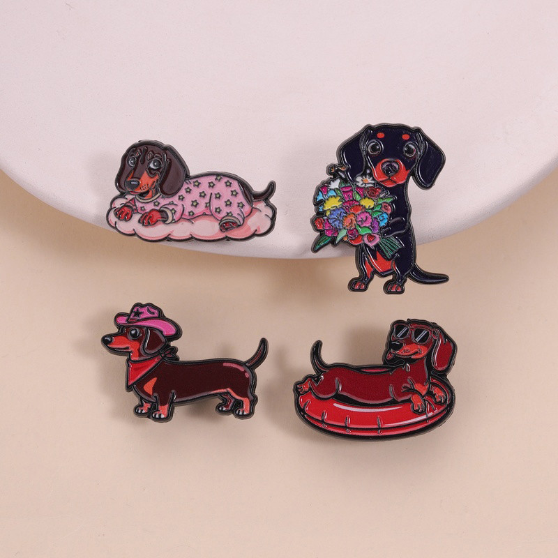 Bonito Dachshund Esmalte Pino Dos Desenhos Animados Salsicha Cão Broche Kawaii Animal Lapela Emblemas Mochila Acessórios