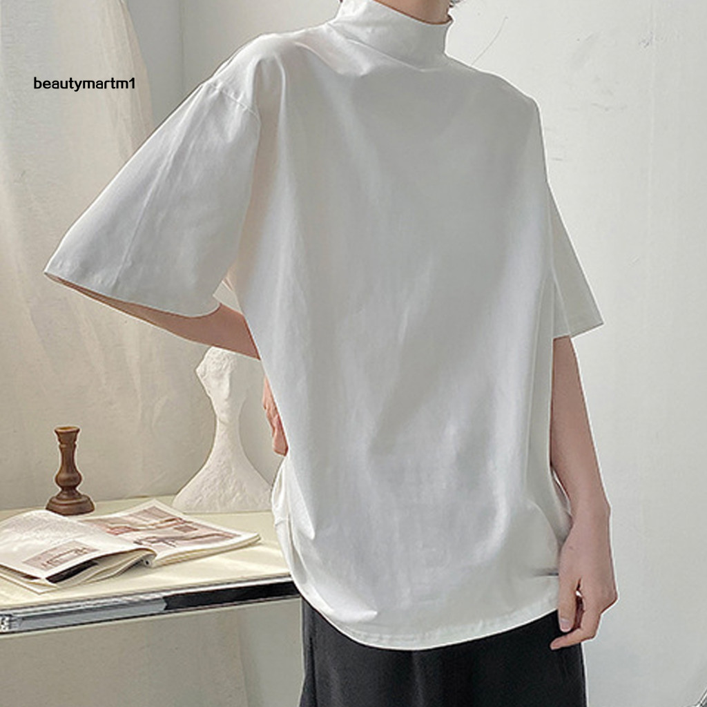 Casual Summer Top Korean Style Men T-shirt Men's Stand Collar Half Sleeve Loose Fit Pullover Soft Breathable Sports Tee