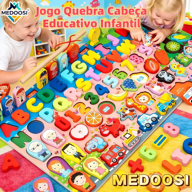 Brinquedo Magnético Montessori Quebra-Cabeça Alfanumérico de Madeira