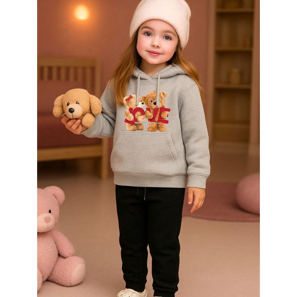 Conjunto Moletom Infantil Premium Blusa de Frio Básico Canguru + Calça Blusao Com Capuz Love Ursinho