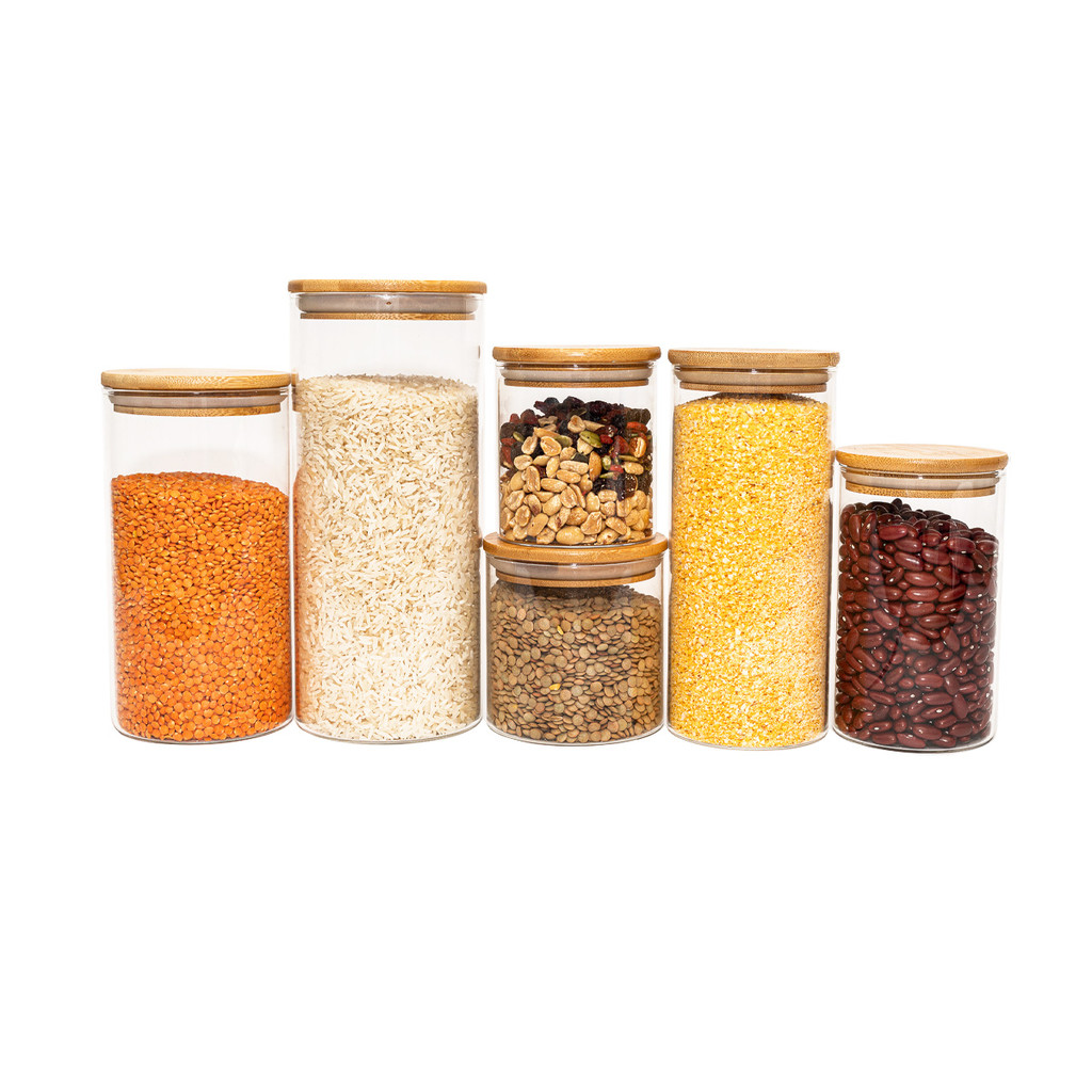 Kit de 6 Potes de Vidro Herméticos Tampa de Bambu - Oikos em Oferta na Shopee