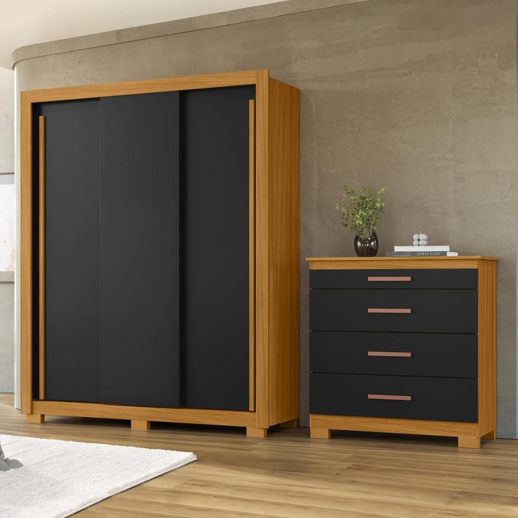 Kit Guarda Roupa 3 Portas de Correr com Cômoda 4 Gavetas com Organizador Espaçoso