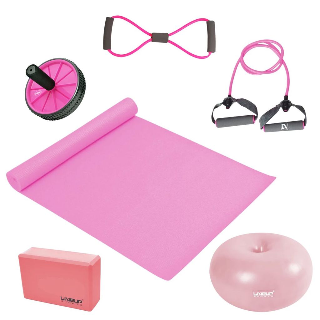 Combo Fitness: Colchonete + Bola Donut 45cm + Tijolinho + Roda Abdominal e Elásticos