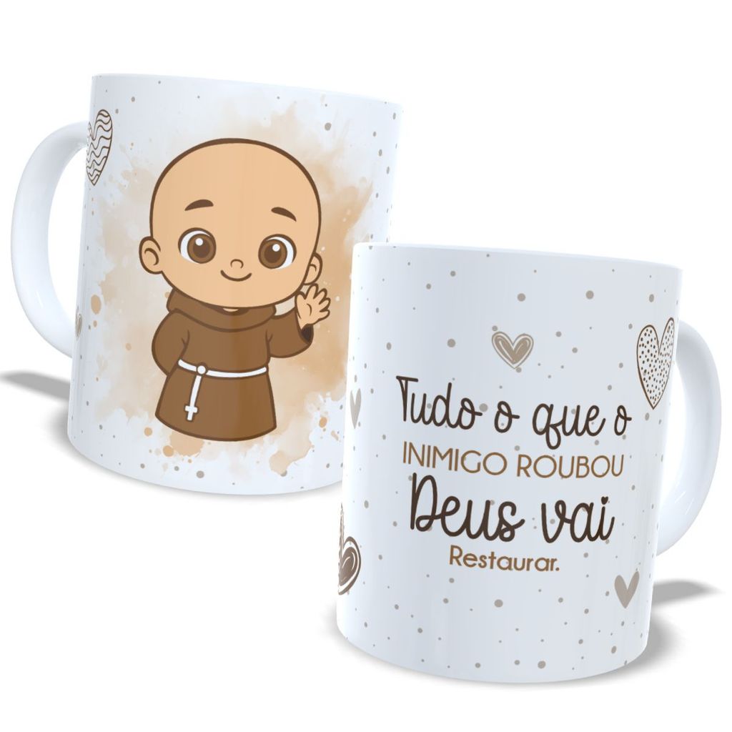 Caneca Frei Gilson Rosário Quaresma São Miguel Arcanjo Branco Tudo O Que O Inimigo Roubou Deus Vai Resturar