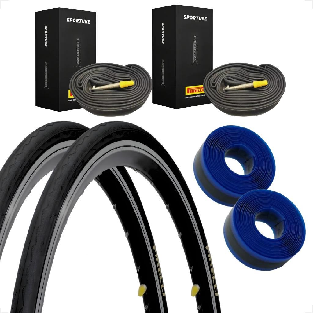 Par Pneu Bicicleta Speed Pirelli Tornado Alfa aro 700 25 Camaras Bico fino Pirelli + Fita antifuro