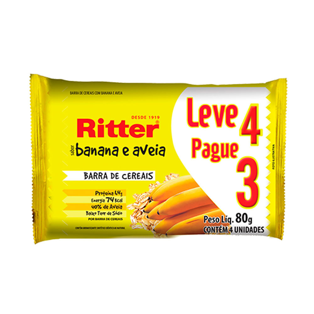 Barra de Cereais Ritter Banana e Aveia Leve 4 Pague 3 com 4 unidades de 20g cada em Oferta na Shopee