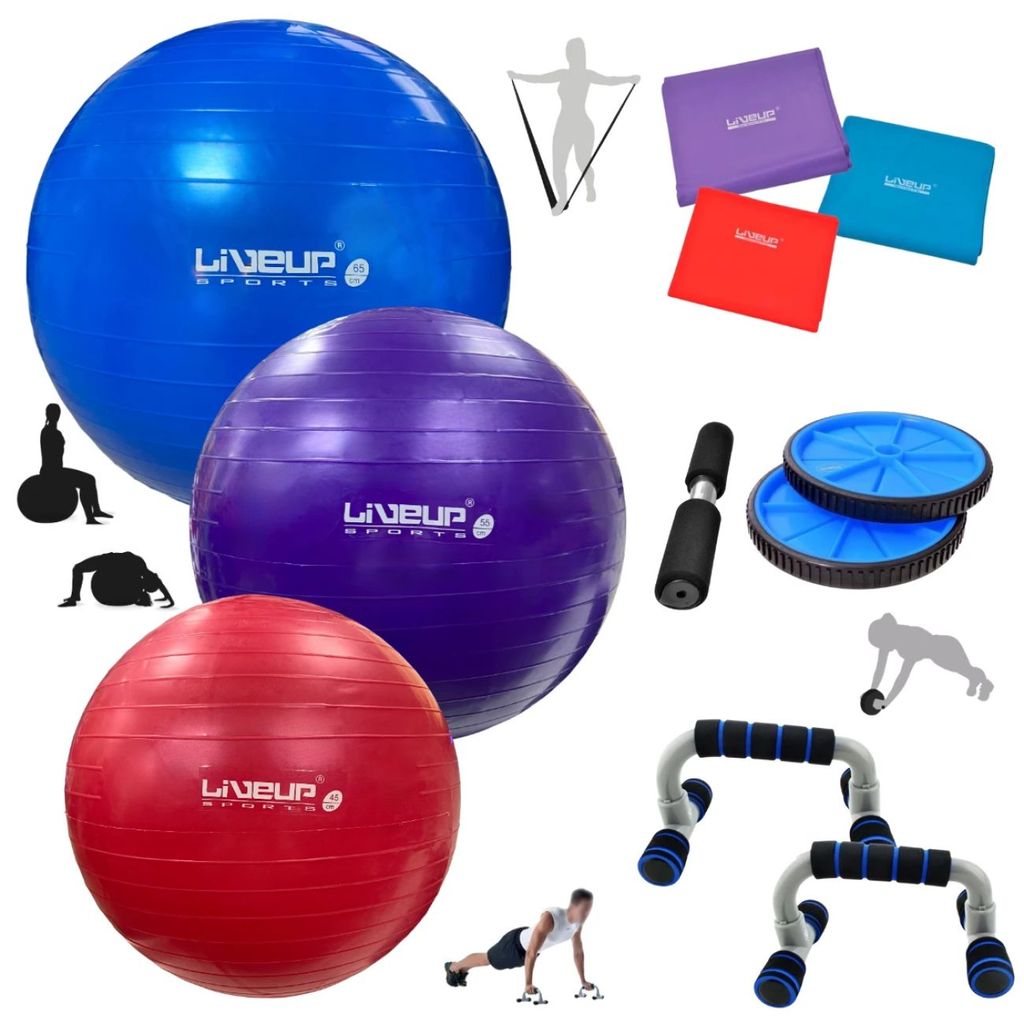 Kit Apoio Flexão e Roda Abdominal + Bolas de 45 + 55 + 65cm e 3 Faixas Elásticas Mand
