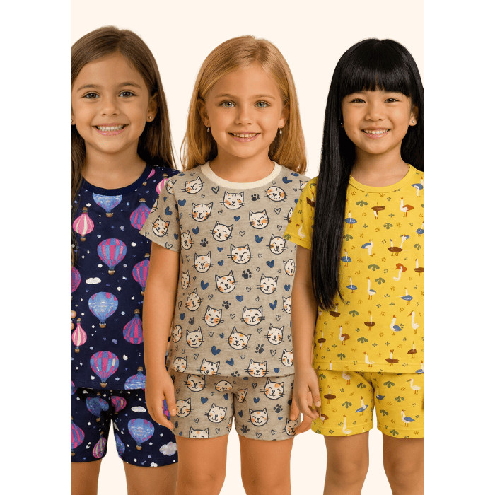 Pijama Infantil Menina Kit 3 Manga Curta Meia Coxa Verao Roupa de Dormir