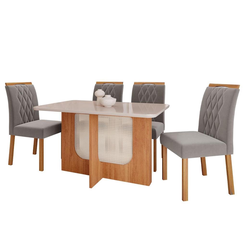 Conjunto de Mesa de Jantar Tampo de Vidro Off White Louise 1,30 e 4 Cadeiras Juliana Cinamomo/Madeira/Joli
