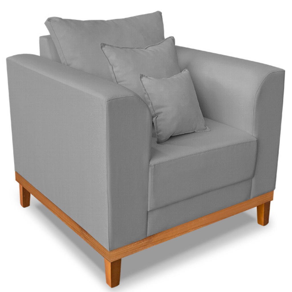 Poltrona Sala de Estar Beny Suede Cinza Com Almofadas Decorativas Madeira Estofados