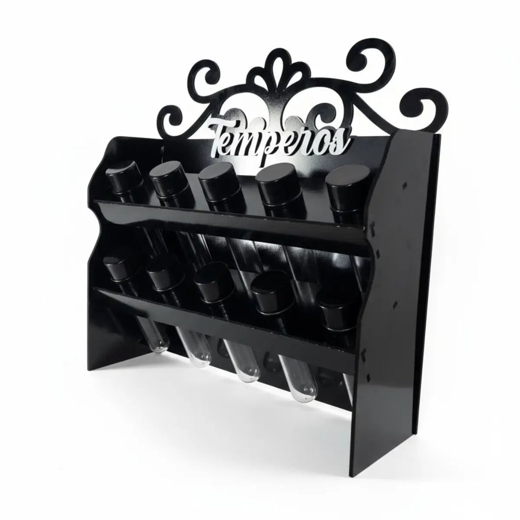 Porta Temperos de Parede MDF Preto com Tubetes e Prateleira