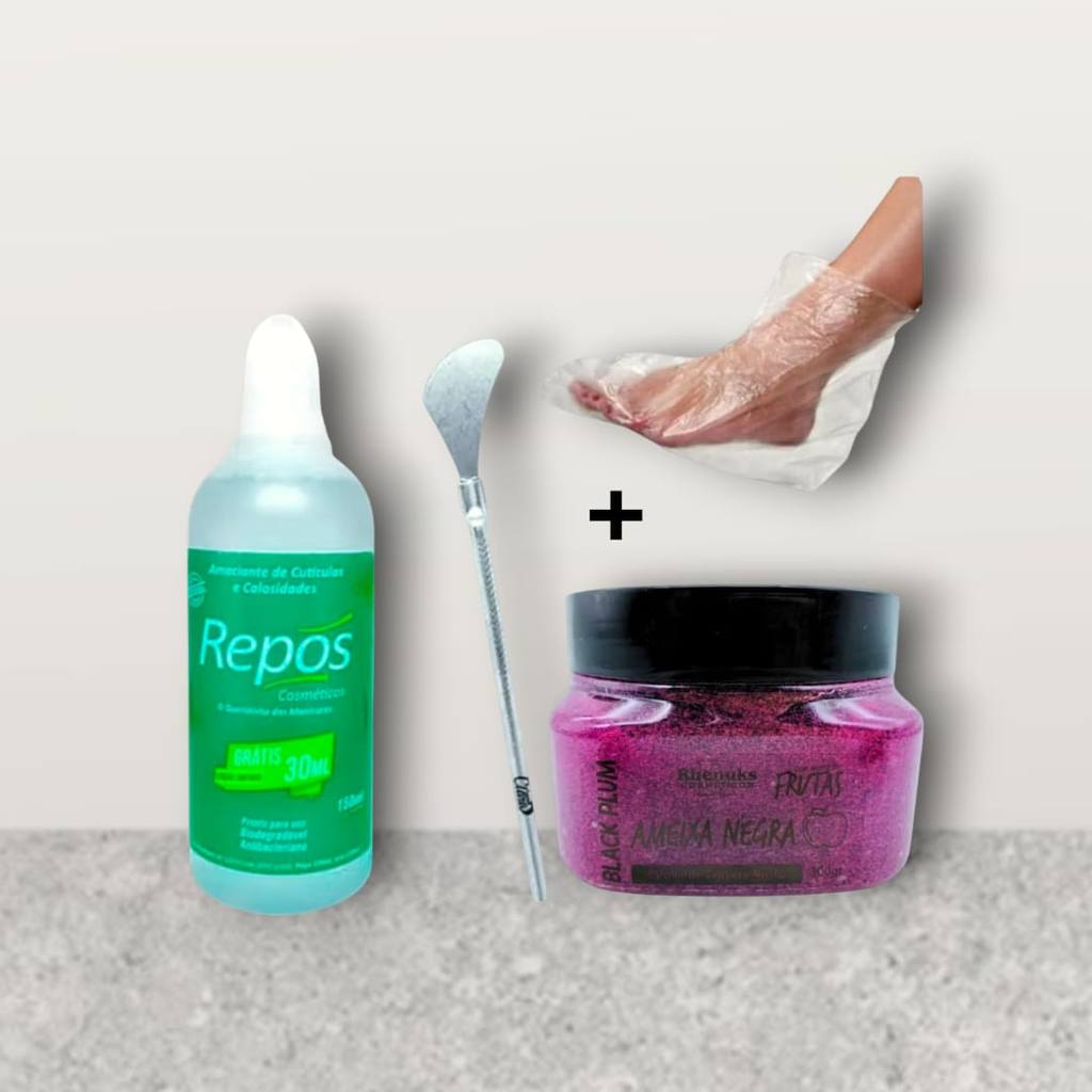 1 Kit Spa dos Pés FIM dos Calos  Pés Lisinhos e Macios: Esfoliante Ameixa Negra+ Repos 150 ml+  +Espátula 222+ Botinhas