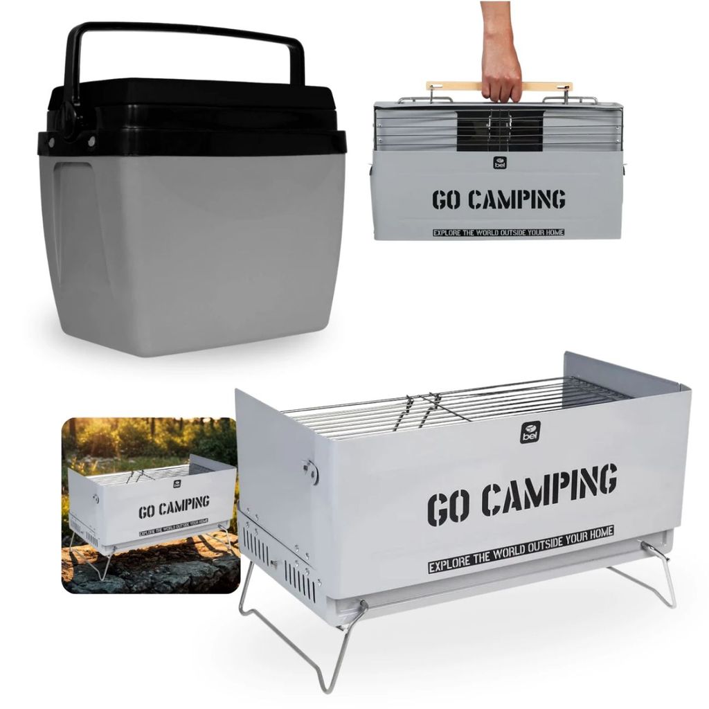 Kit Caixa Termica Cinza 34 Litros Mor + Churrasqueira Portátil To Go com Alça Vira Maleta Camping e Pesca