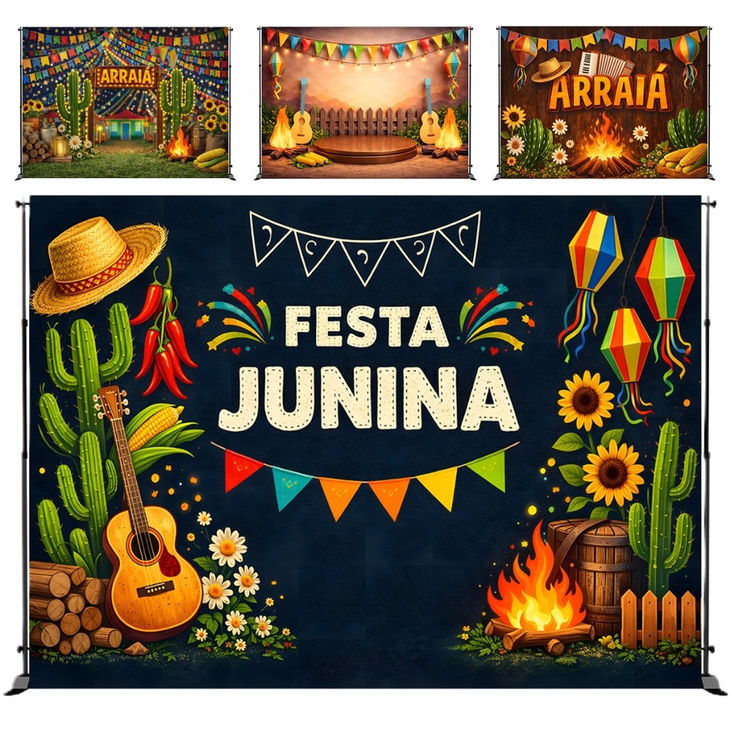 Painel Fundo Fotografico Gigante de Festa Junina Tema Arraia Tecido Sublimado 5x3.5m