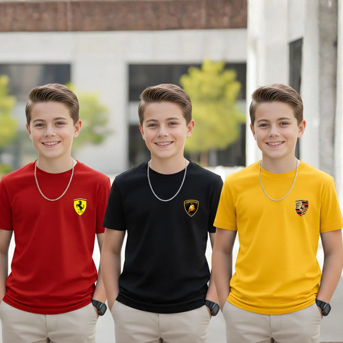 Kit 3 Camisetas Infantil Menino Carros Luxo Ferrari Lamborghini Porsche