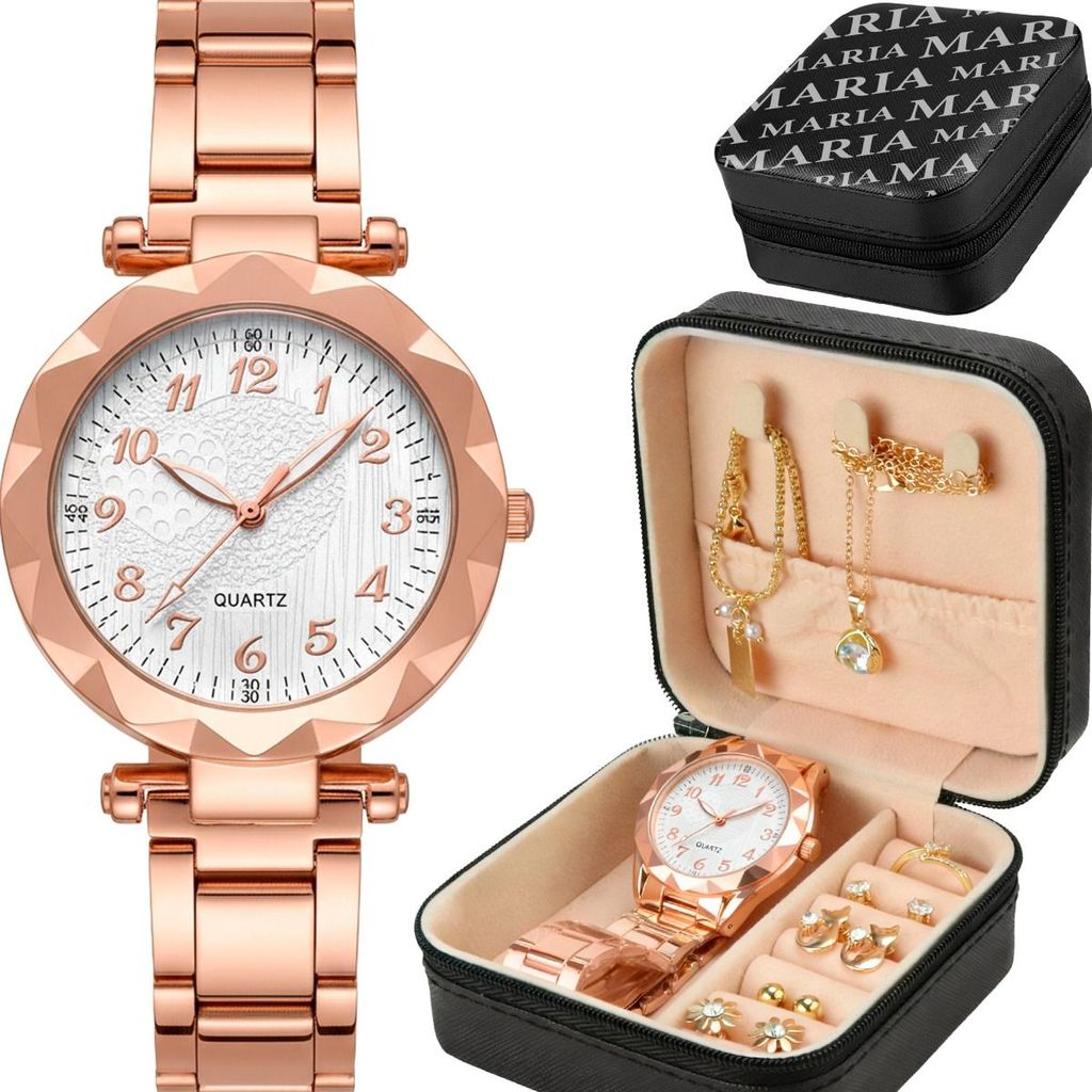Kit Relógio Feminino Aço Inox Rose + Porta-Joias + Brincos + Colar + Pulseira Presente Completo