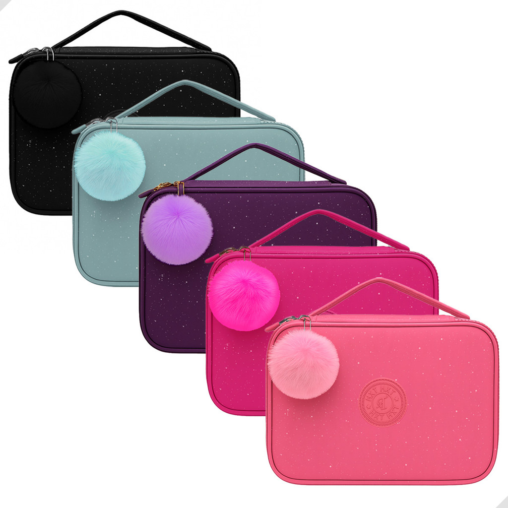 Estojo Grande com Glitter e Alça e Divisória Suporte de Elástico para Lápis Escolar e Pompom em Oferta na Shopee