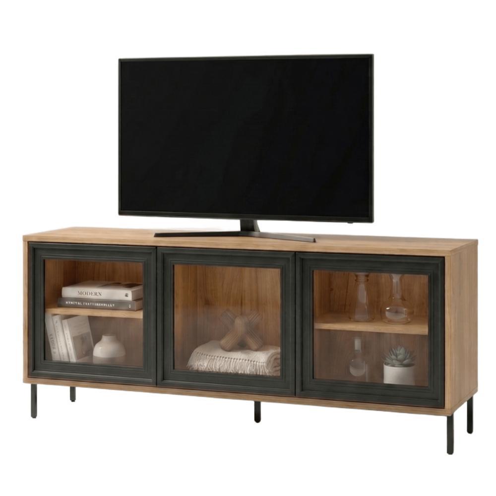 Rack para TV até 55 Polegadas 3 Portas de Vidro 2 Prateleiras Refresh Lâmina Mel/Preto - BRV Móveis