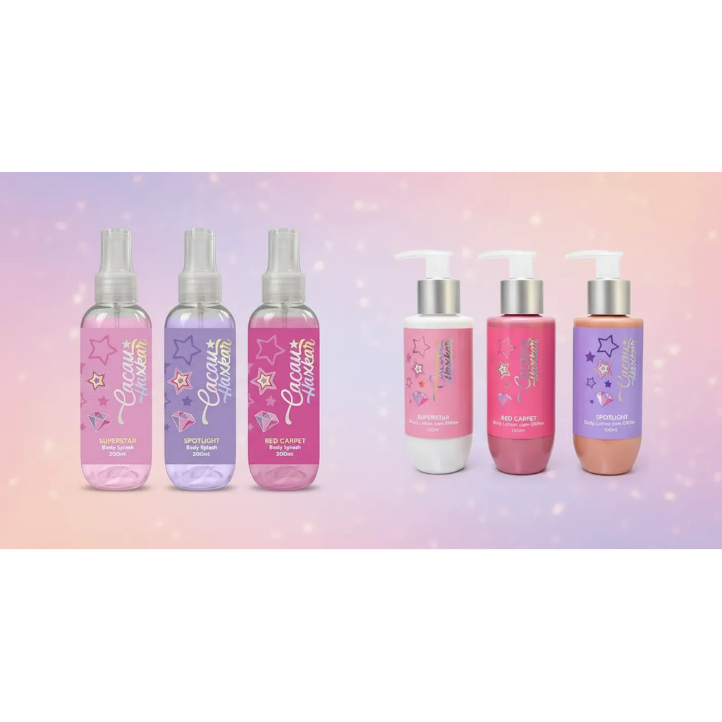 Kit Haxkar: Body Splash Cacau 200ml + Hidratante Corporal Teen Cacau Com Glitter Floral 200ml