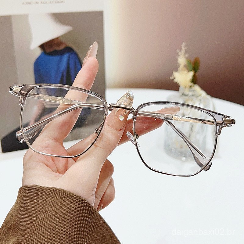Armação de óculos masculinos de alta qualidade para proteção contra luz azul, lentes planas semi-metálicas 600, óculos p