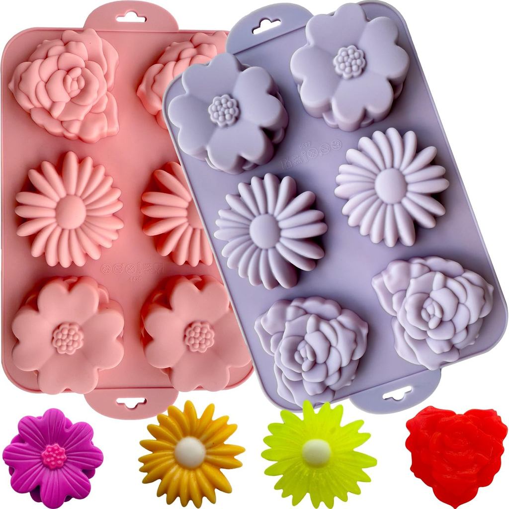Conjunto de 2 Moldes de Silicone para Bolo em Forma de Flor para Confeitaria, 6 Cavidades, Moldes 3D de Flor Margarida p
