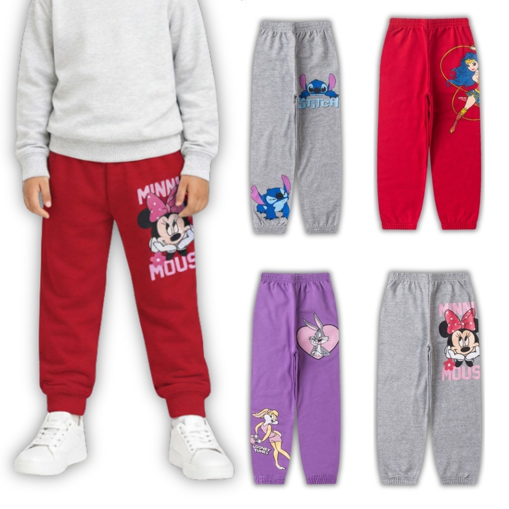 Kit com 4 Calças Moletom Infantil Juvenil Menina Flanelada Frio Personagens Feminino Minnie Stitch