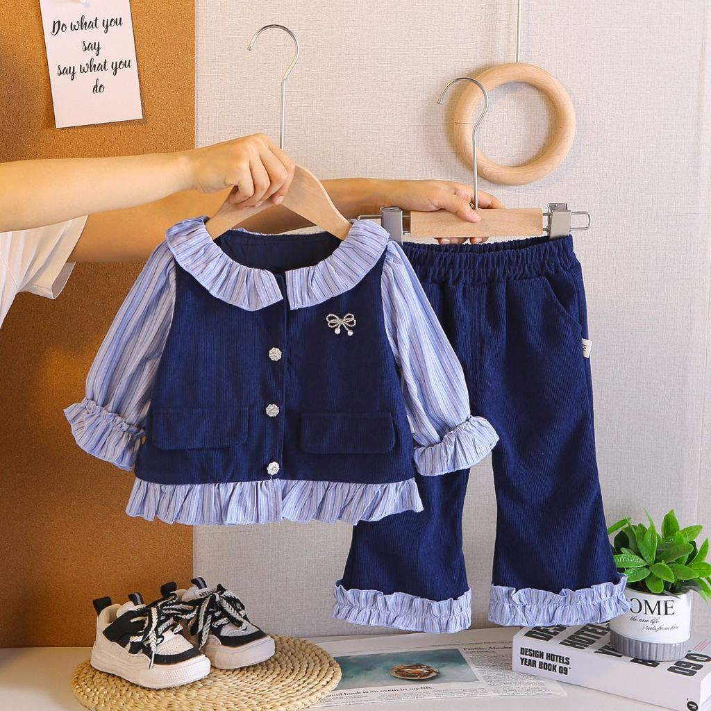 Moda 2025 novo estilo rendas conjunto do bebê 2026 camisa infantil Preppy bacalhau primavera outono moda meninas calças